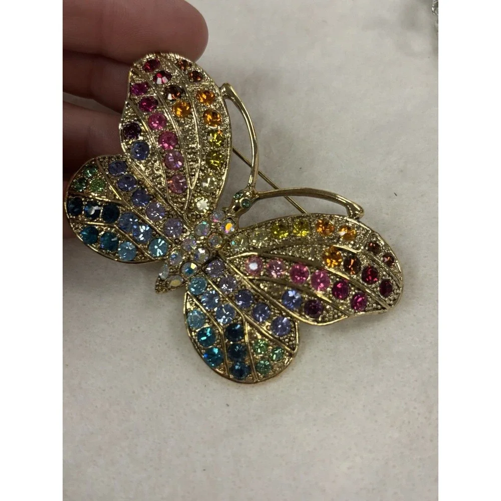 Kirk’s Folly Rainbow Butterfly Brooch Pin AB Rhinestones Gold Tone Large